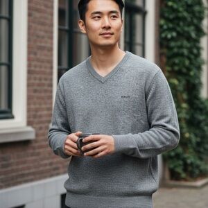 GANT Men's Charcoal V-Neck Sweater - Casual - Size L